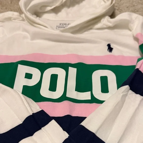 Polo by Ralph Lauren White Hoodie with Pink, Green, and Navy Stripes - Picture 4 of 4